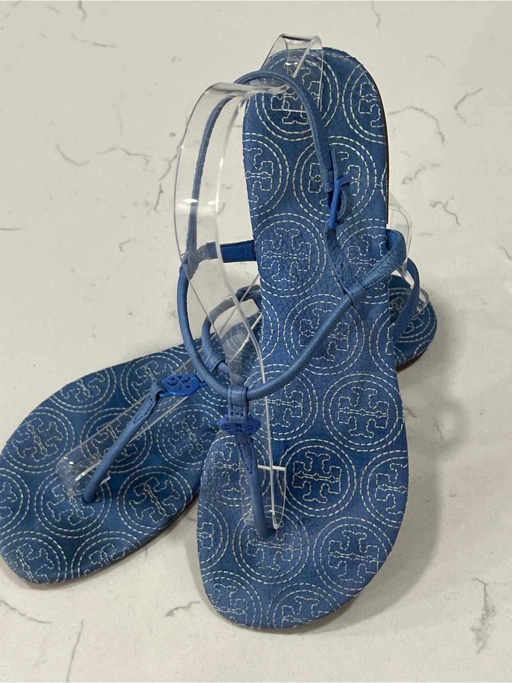 Tory Burch Sz 9.5 Blue Logo-Print Thong Sandals